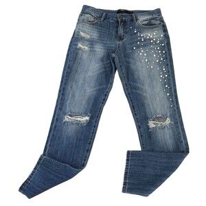 Women's Blue Distressed Jeans with Pearl Accents